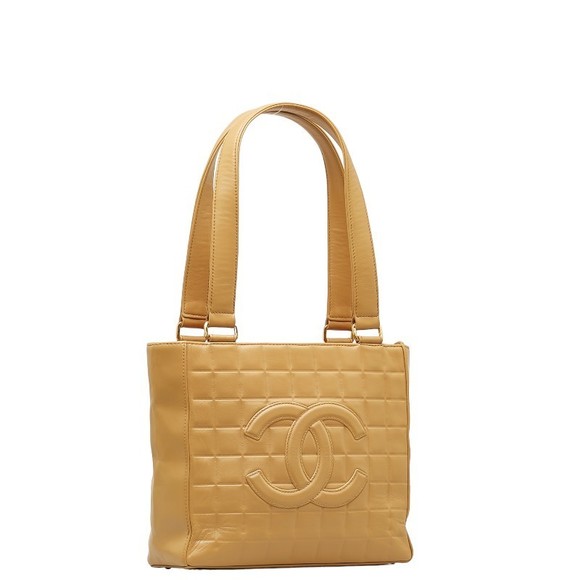 Chanel Tote Chocolate Leather Bar Bag Beige Handbag Coco Mark Big - Picture 1 of 11